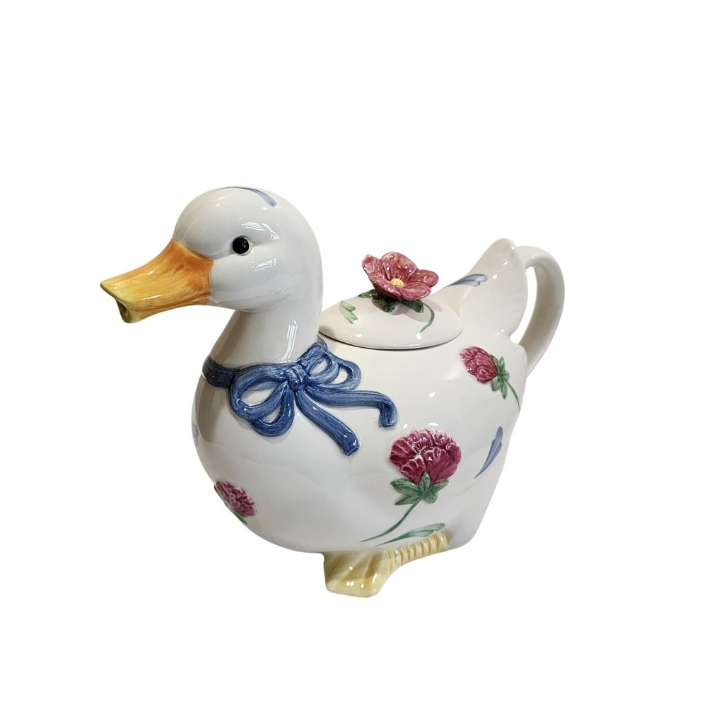 Vintage Lenox Poppies on Blue Barnyard Duck Novelty Teapot Cottagecore Kitchen